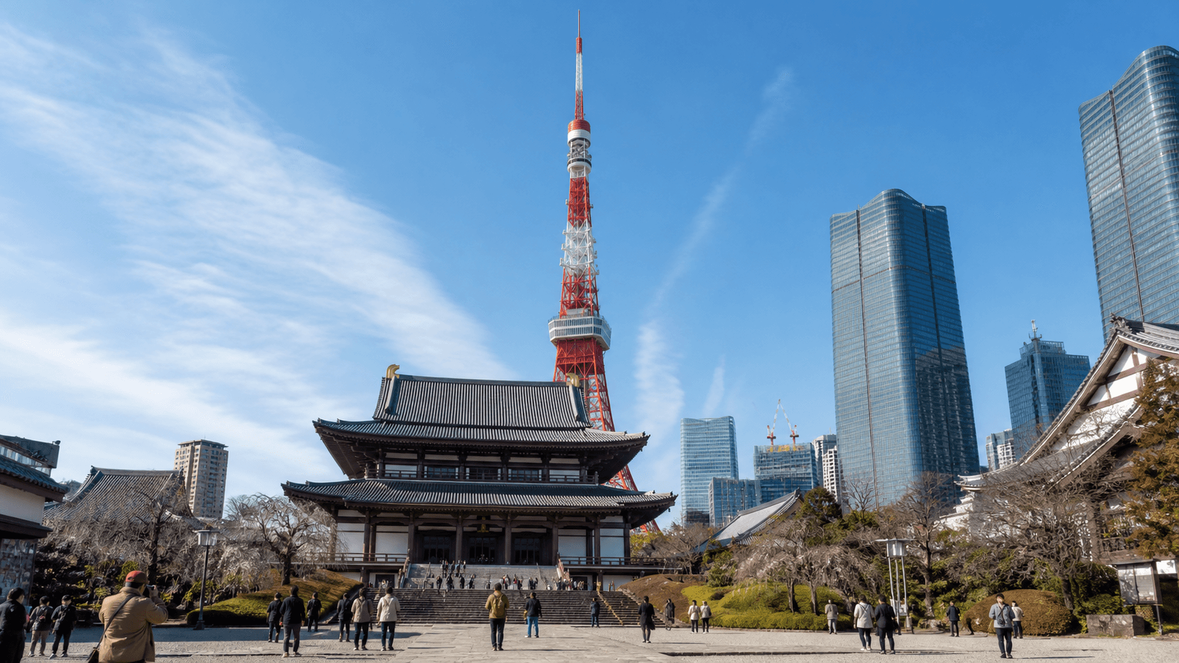 东京塔：从增上寺望向红白塔身的当前写实编辑视觉